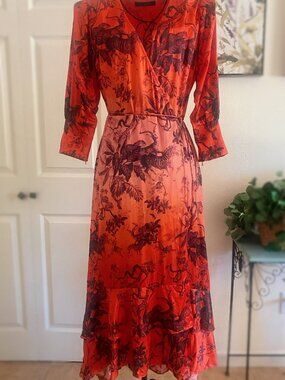 All Saints Red and Black Floral Print Midi Dress